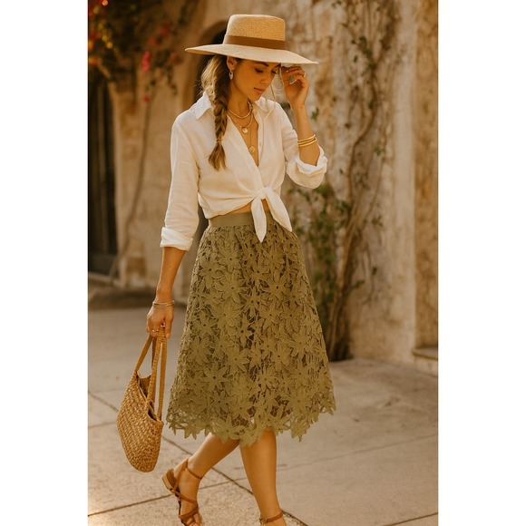 GNW Dresses & Skirts - GNW Khaki Floral Lace Skirt Boho Chic Festival Garden Party cottagecore Size L